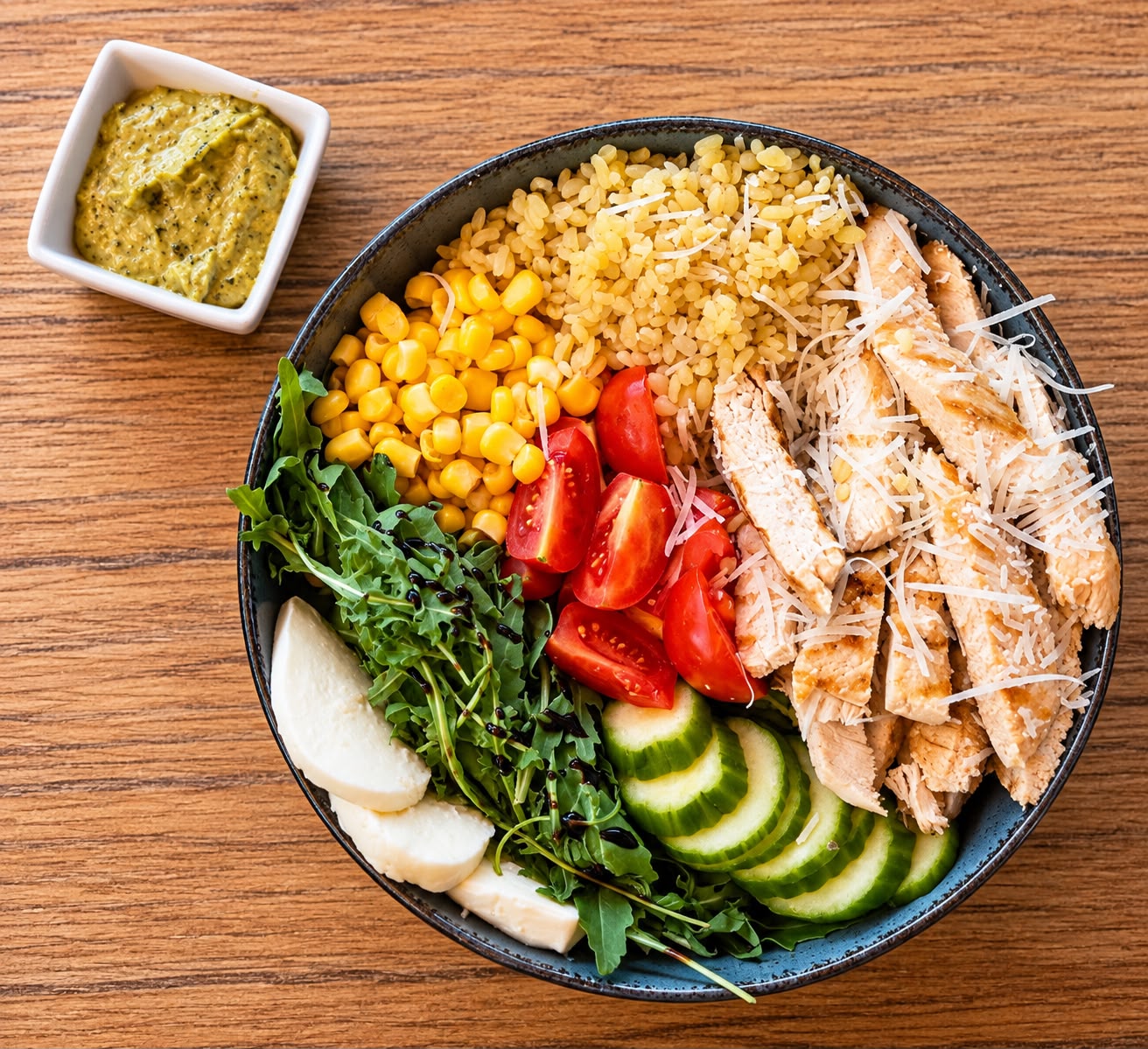 Bol cu bulgur, piept de pui la grătar, mozzarella, rucola, roșii cherry, castraveți, porumb și parmezan, cu sos pesto alături
